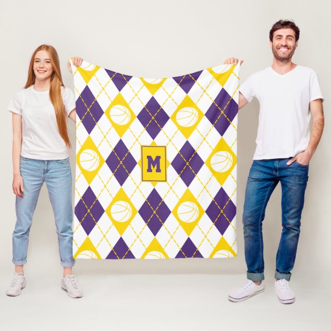 purple gold basketball team colors argyle fleece blanket (In Situ)