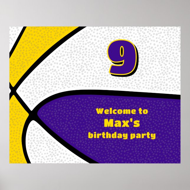 purple gold basketball team colors party welcome poster (Front)