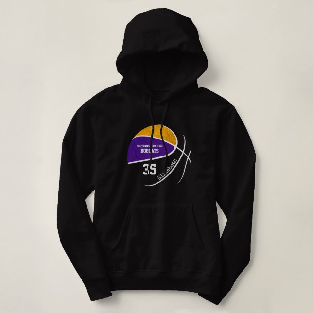 purple gold basketball team personalized black hoodie (Design Front)