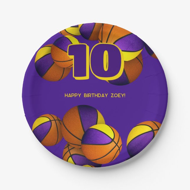 purple gold basketballs boys girls sports party paper plates (Front)