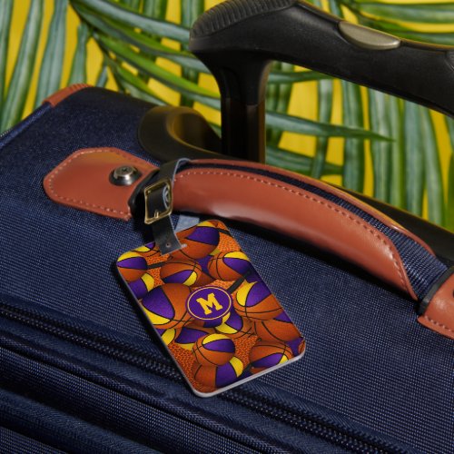 purple gold basketballs pattern team colors luggage tag