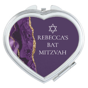 Purple Gold Bat Mitzvah Party Heart Shaped Compact Mirror