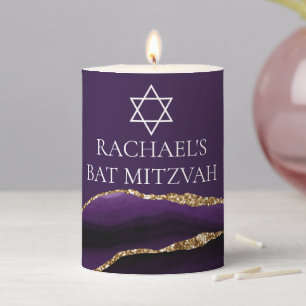 Purple Gold Bat Mitzvah Party Personalized Pillar Candle