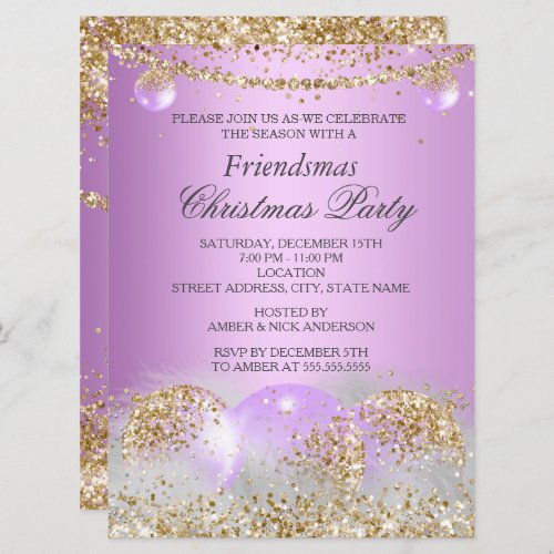 Purple Gold Bauble Friendsmas Christmas Party Invitation