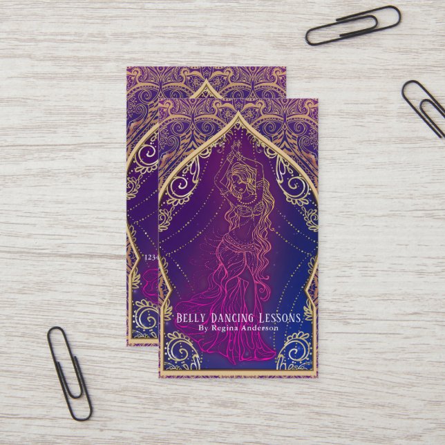 Purple & Gold Belly Dancing Lessons Dancers Dance Business Card (Front/Back In Situ)