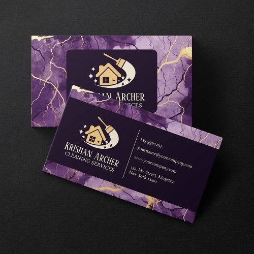 Purple Gold Biege Marble Cleaning Houses Housekeep Business Card