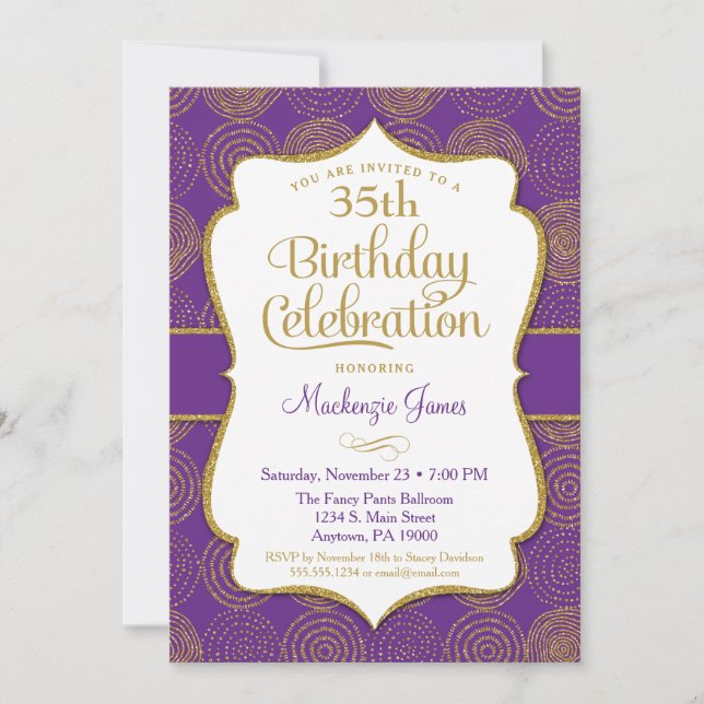 Purple Gold Birthday Invitation Adult Party (Front)