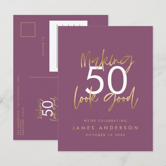 purple gold birthday simple stylish elegant script invitation postcard (Front/Back)