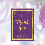 Purple gold birthday thank you card<br><div class="desc">A purple background color and a faux gold frame. With a golden confetti rain. On front a hand lettered style script and the text: Thank You! and a floral faux gold decor.
Back: Template for Your thank you note and name/names</div>