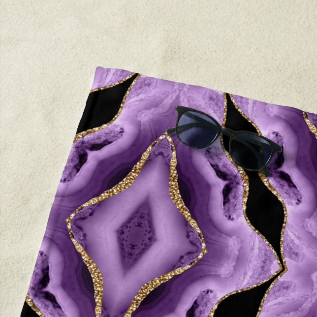 Purple Gold Black Abstract Beach Towel (In Situ)