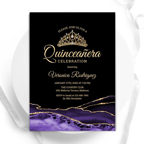 Purple Gold Black Agate Marble Quinceanera Invitation