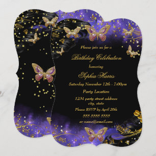 Purple Gold Black Butterfly Sparkle Birthday party Invitation