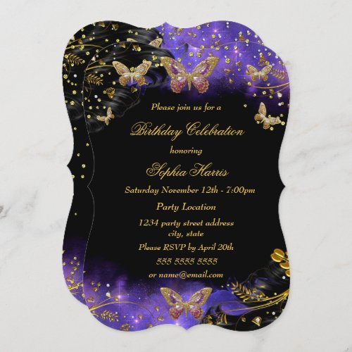 Purple Gold Black Butterfly Sparkle Birthday party Invitation