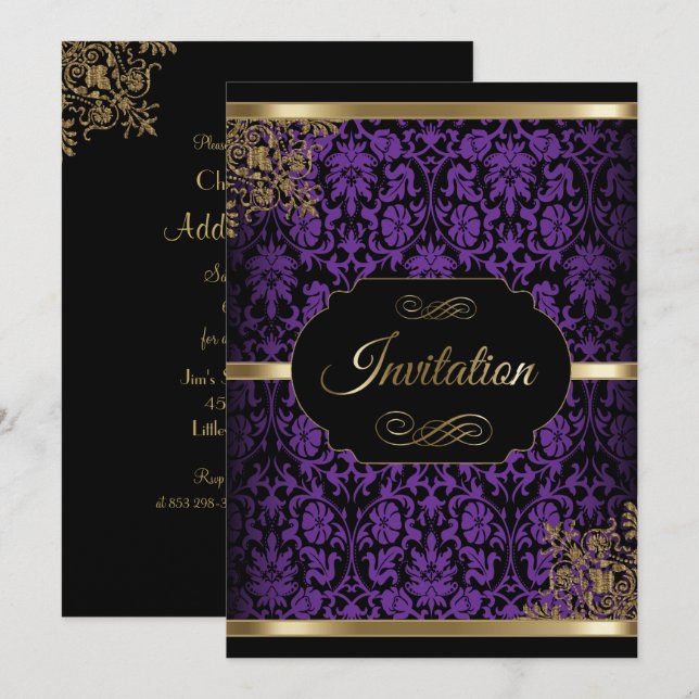 Purple, Gold & Black Damask DIY Party Invitations (Front/Back)