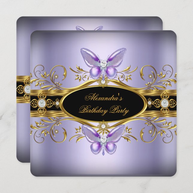 Purple Gold Black Jewel Butterfly Birthday Party Invitation (Front/Back)