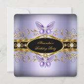 Purple Gold Black Jewel Butterfly Birthday Party Invitation (Front)