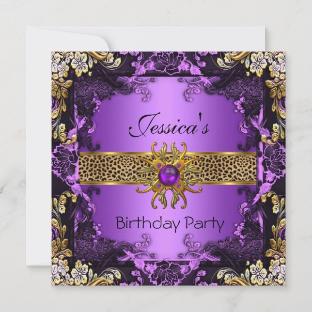 Purple Gold Black Leopard Birthday Party 2 Invitation (Front)