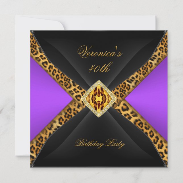 Purple Gold Black Leopard Jewel 40th Birthday Invitation (Front)