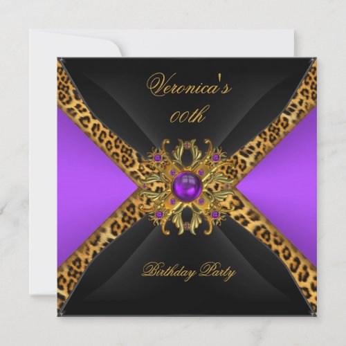 Purple Gold Black Leopard Jewel Birthday Party Invitation