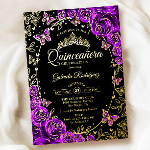 Purple Gold Black Roses Quinceanera Foil Invitation