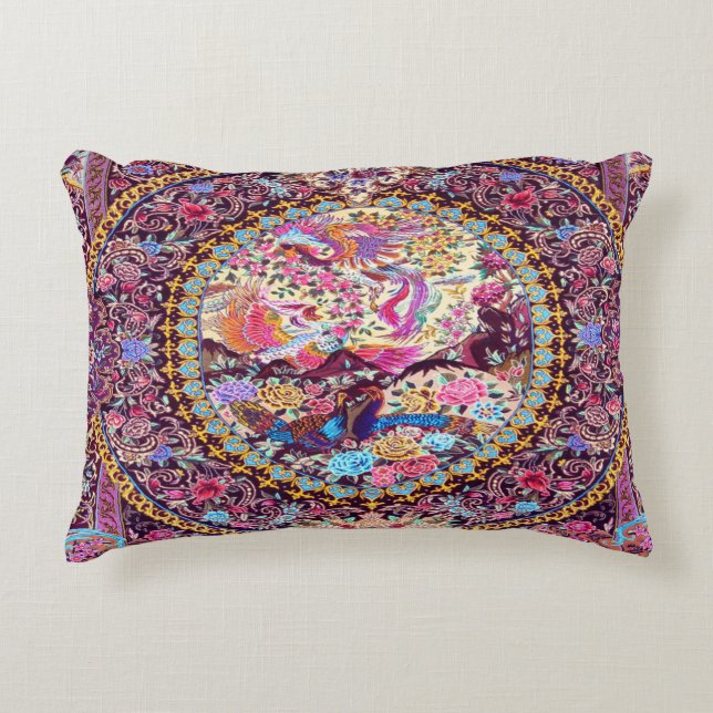 Purple Gold Blue Persian Floral Flowers Peacock Accent Pillow (Front)