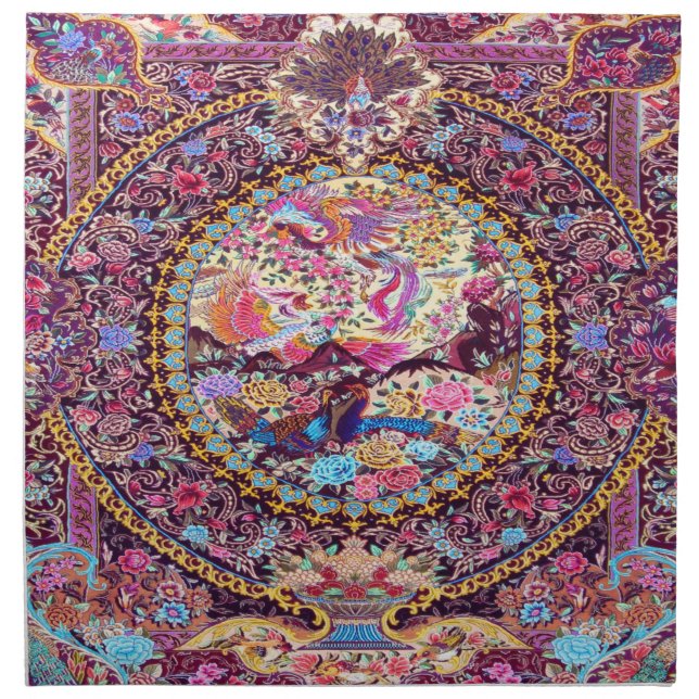 Purple Gold Blue Persian Floral Flowers Peacock Cloth Napkin (Front)