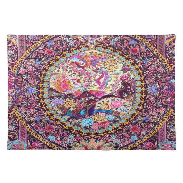 Purple Gold Blue Persian Floral Flowers Peacock Cloth Placemat (Front)