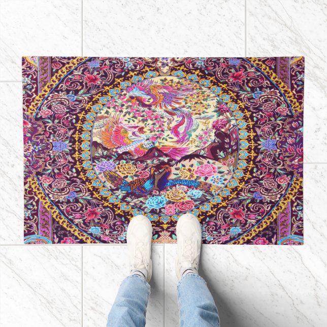 Purple Gold Blue Persian Floral Flowers Peacock Doormat (Indoor)