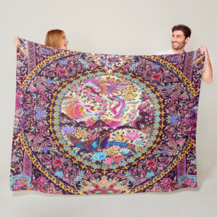 Purple Gold Blue Persian Floral Flowers Peacock Fleece Blanket