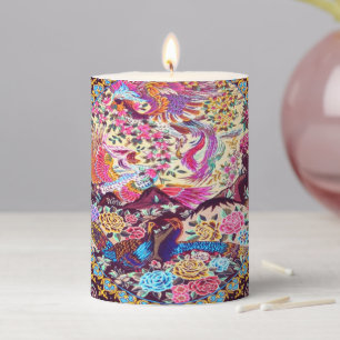 Purple Gold Blue Persian Floral Flowers Peacock Pillar Candle