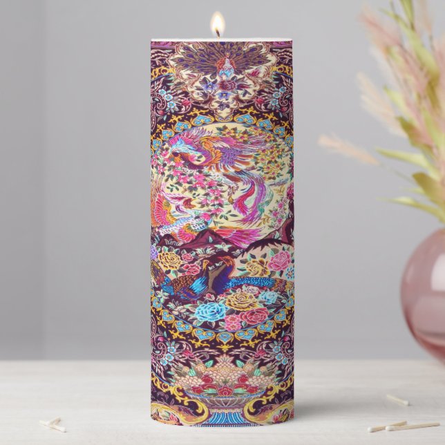 Purple Gold Blue Persian Floral Flowers Peacock Pillar Candle (In Situ)
