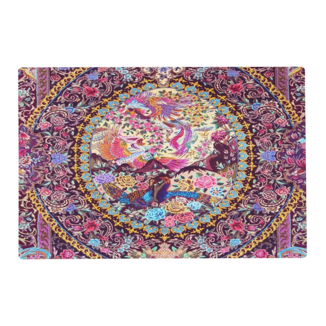 Purple Gold Blue Persian Floral Flowers Peacock Placemat (Front)