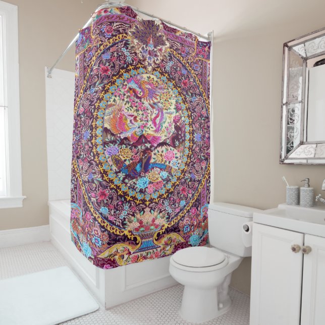 Purple Gold Blue Persian Floral Flowers Peacock Shower Curtain (In Situ)
