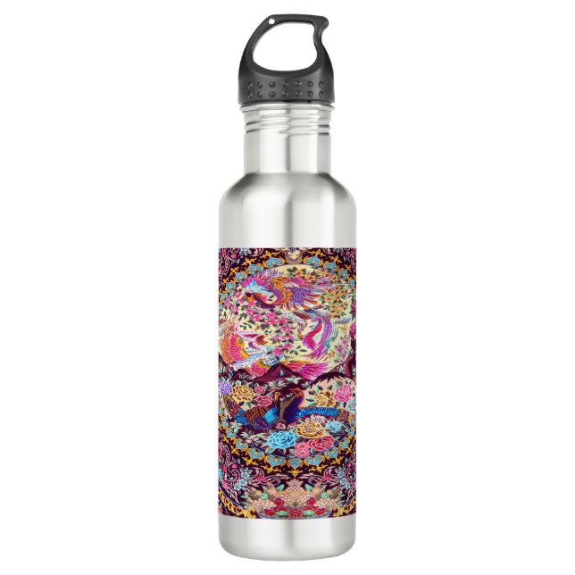 Purple Gold Blue Persian Floral Flowers Peacock Stainless Steel Water Bottle (Front)