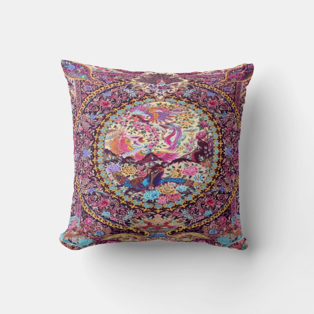 Purple Gold Blue Persian Floral Flowers Peacock Throw Pillow (Front)