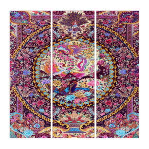 Purple Gold Blue Persian Floral Flowers Peacock Triptych