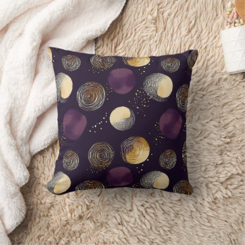 Purple Gold Boho Abstract Circles Pattern Throw Pillow