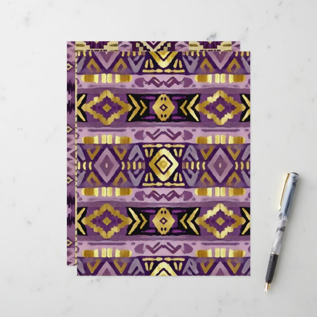 Purple & Gold Boho Aztec Geo Patterns Scrapbook (Front/Back In Situ)