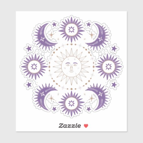 Purple &amp; Gold Boho Celestial Sun &amp; Moon Scrapbook Sticker