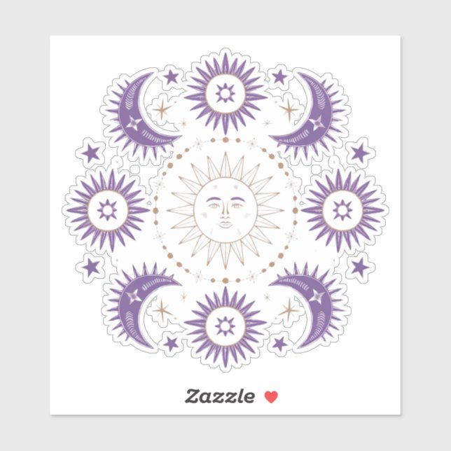 Purple & Gold Boho Celestial Sun & Moon Scrapbook Sticker (Sheet)