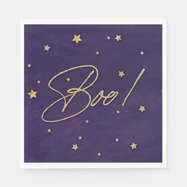 Purple/Gold Boo! Halloween Party Napkins (Front)