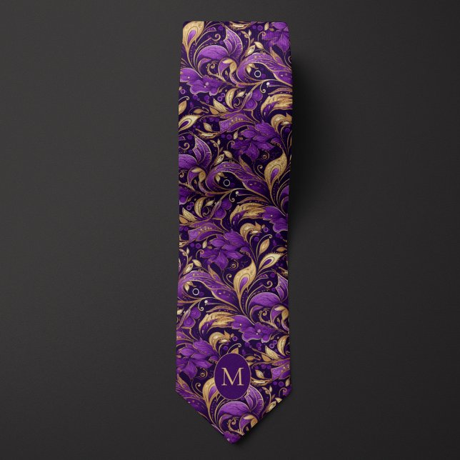 Purple & Gold Botanical Monogram Neck Tie (Creator Uploaded)