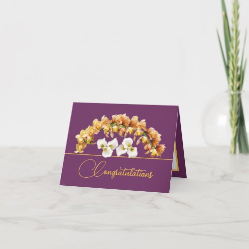 Purple Gold Bouquet Orchids Lilies Congratulations Card