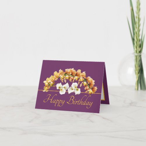 Purple Gold Bouquet Orchids Lilies Happy Birthday Card