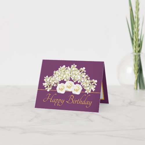 Purple Gold Bouquet Orchids Roses Happy Birthday Card