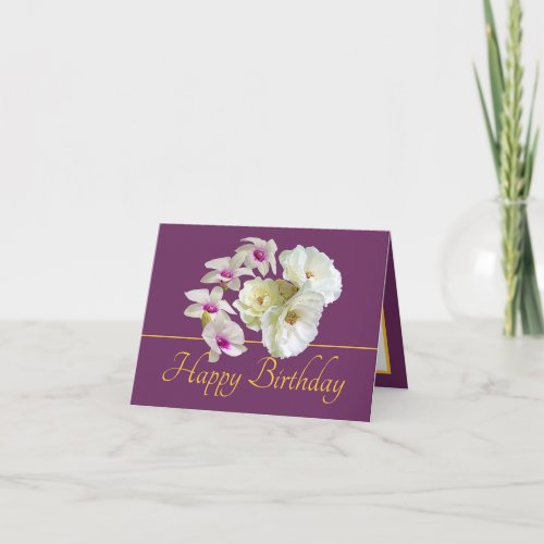 Purple Gold Bouquet Orchids Roses Happy Birthday Card