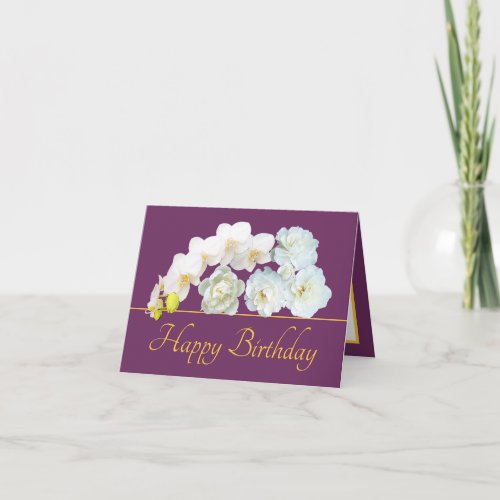 Purple Gold Bouquet White Flowers Happy Birthday Card