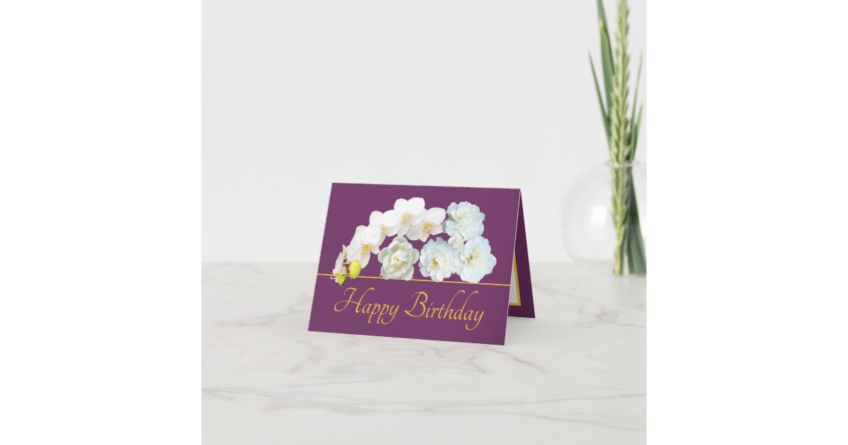 Purple Gold Bouquet White Flowers Happy Birthday Card | Zazzle