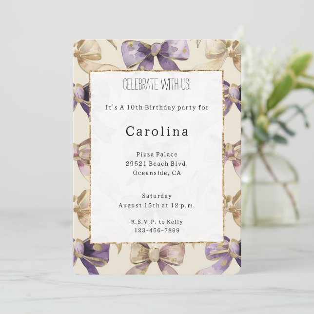 Purple Gold Bows Birthday   Invitation (Standing Front)