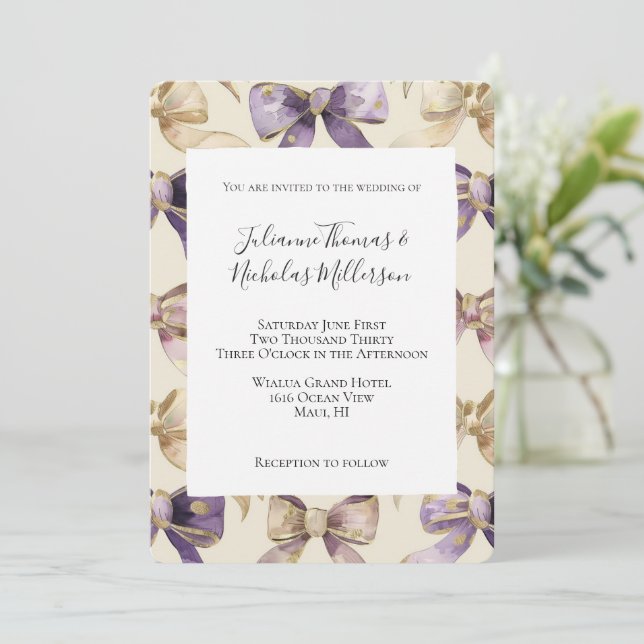 Purple Gold Bows Wedding  Invitation (Standing Front)